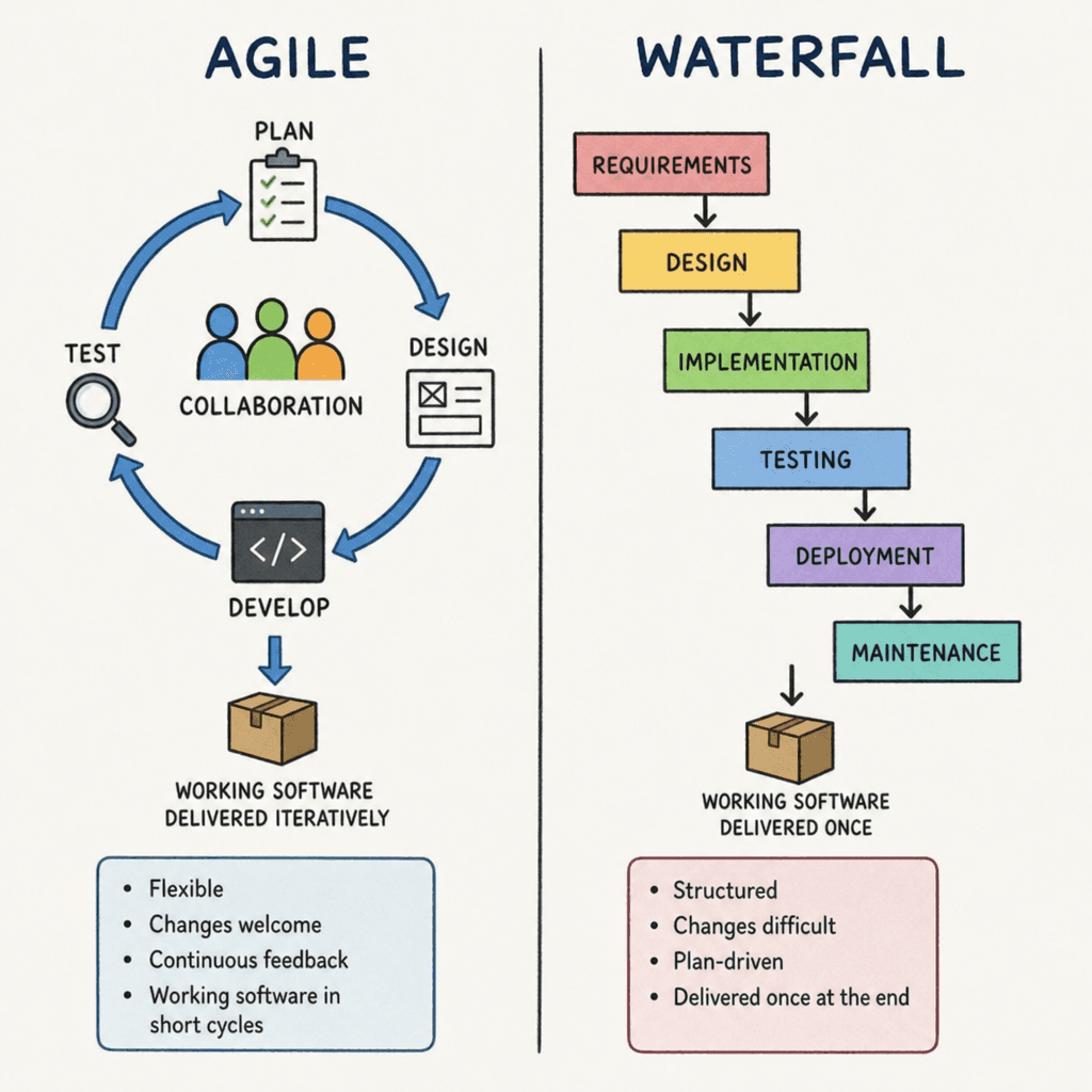 Diagram comparing Agile and Waterfall software development methods, including planning, design, development, testing and deployment